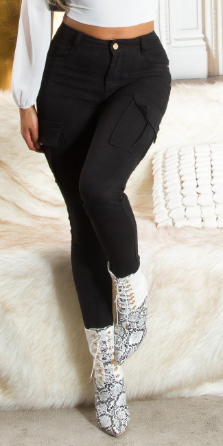 Musthave hoge taille skinny jeans in cargo look zwart